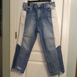 Two-Tone Blue and White Women's Straight Leg Jeans 100% Cotton Patchwork